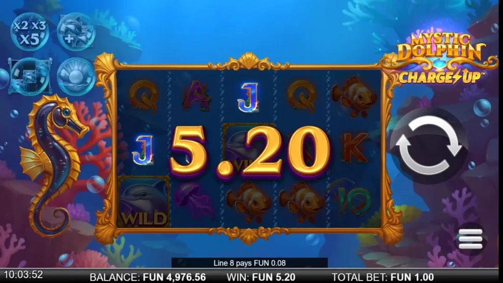 Mystic Dolphin Charge Up slot gameplay interface showing underwater theme
