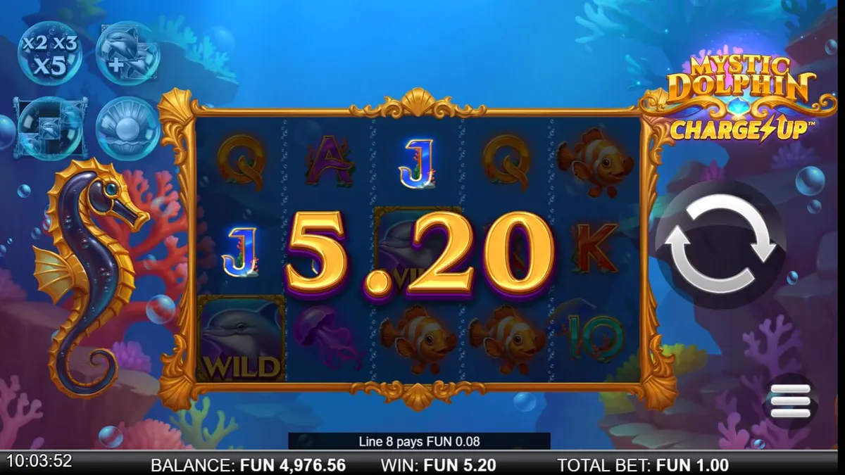 Mystic Dolphin Charge Up slot gameplay interface showing underwater theme